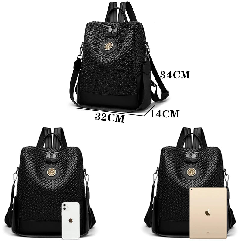 Sac à Dos PU Souple Femme Brodé Grande Capacité 32x14x34cm 740g Noir – CLEVI Paris