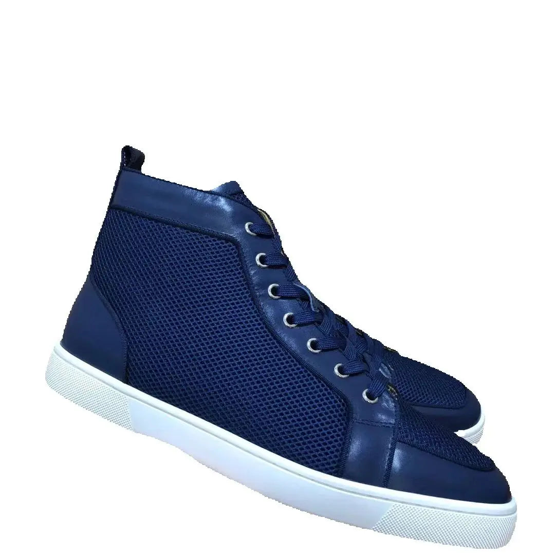 Sneakers Montantes Cuir Grille Bleue Semelle Rouge Unisexe – CLEVI Paris