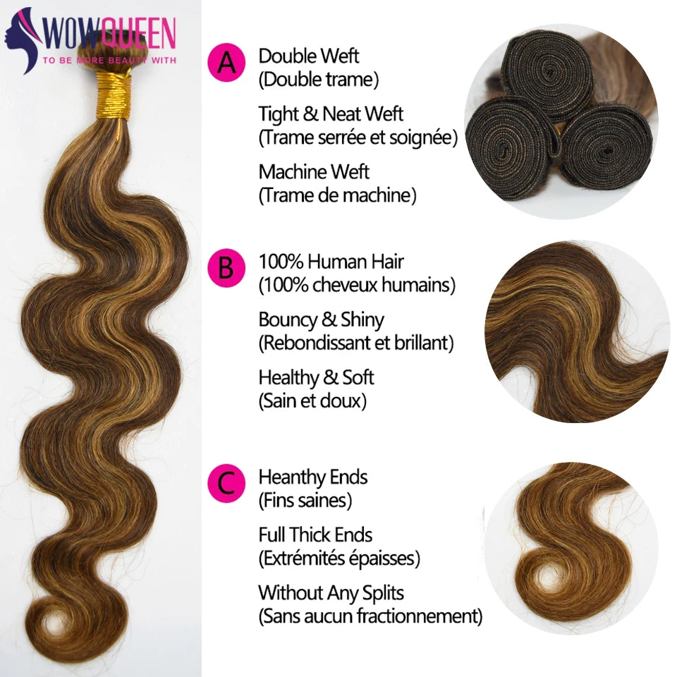 Bundles Body Wave Highlight P4/27 Miel Brun Ombré Cheveux Humains Remy Hair Brésiliens – CLEVI Paris