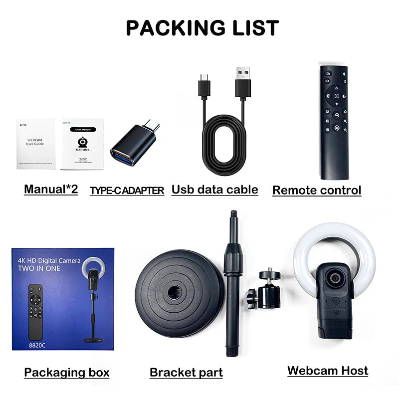 Webcam 4K Streaming Ring Light LED Autofocus Zoom 9x Télécommande USB-C – CLEVI Paris