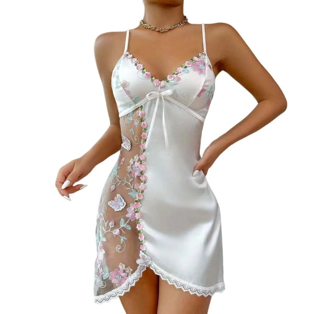 Nuisette Dentelle Nœud Mesh Transparent Soie Glacée Femme Robe de Nuit Brodée Sans Manches S-XL – CLEVI Paris