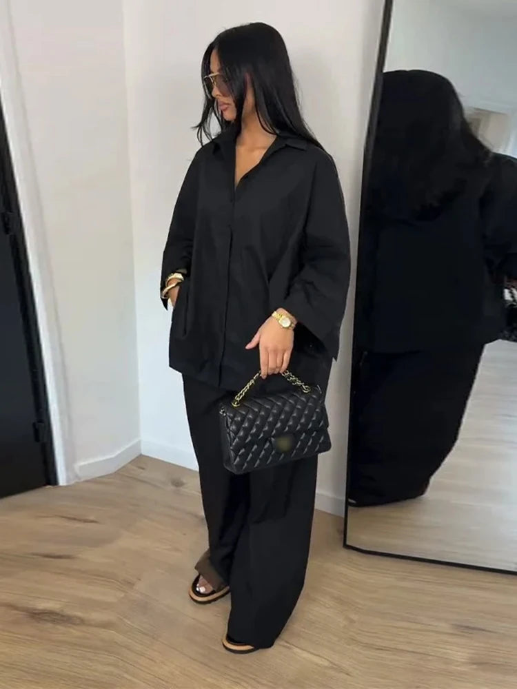 Ensemble femme blouse à revers et pantalon – CLEVI Paris