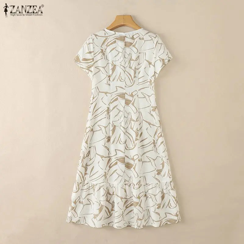 Robe Femme Col V Manches Courtes Imprimé Floral A-line Mi-Mollet Ourlet Volants Bohème – CLEVI Paris