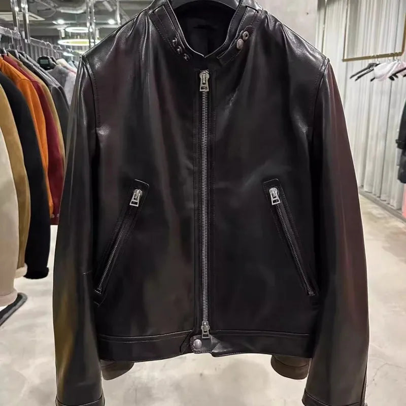 Veste homme en cuir à col montant zippée – CLEVI Paris