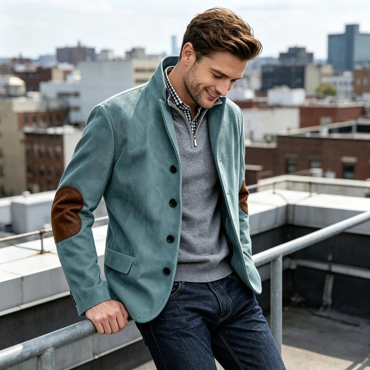 Blazer homme col montant, patchs aux coudes – CLEVI Paris