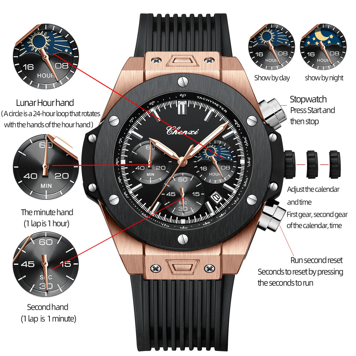 Montre Sport Quartz Chronographe CHENXI Homme Phase Lune – CLEVI Paris