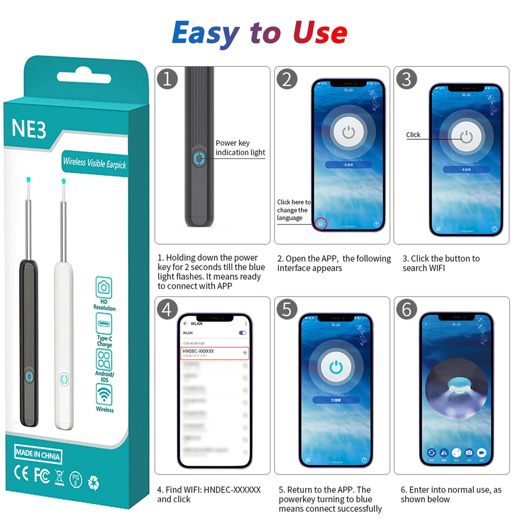Kit Nettoyeur Oreilles Visuel HD 1080P Wi-Fi Otoscope IP67 USB-C – CLEVI Paris