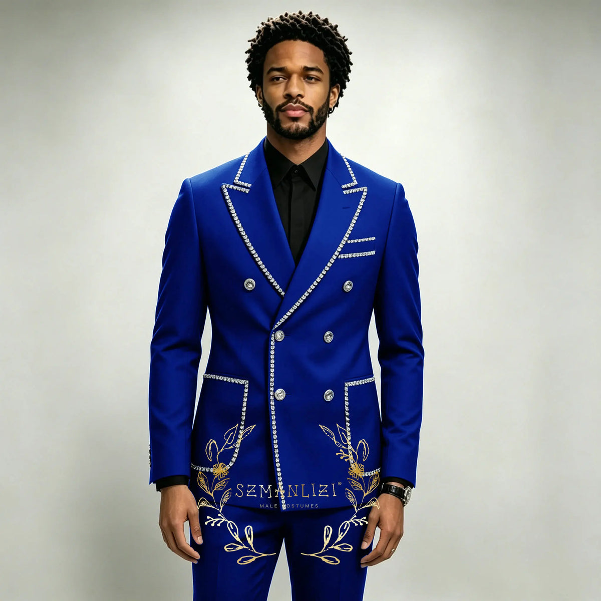 Costume Homme 2 Pièces Smoking Luxe Bleu Royal Cristaux Revers Pointu Double Boutonnage Mariage XS-6XL – CLEVI Paris