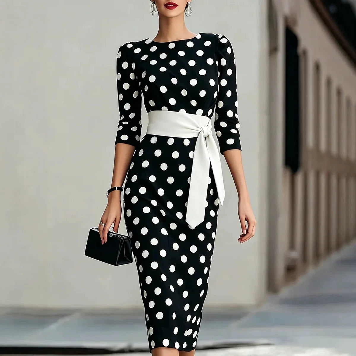 Robe Midi Femme Crayon Manches 3/4 Col Rond – CLEVI Paris