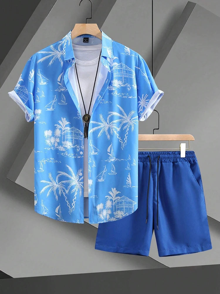 Ensemble Homme Chemise Manches Courtes Col V Imprimé 3D + Short de Plage Casual Streetwear Été – CLEVI Paris