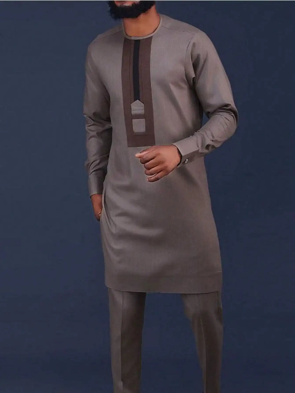 Ensemble Kaftan Homme 2 Pièces Broderie Manches Longues Col Rond + Pantalon Cordon Style Africain Mariage M-4XL – CLEVI Paris