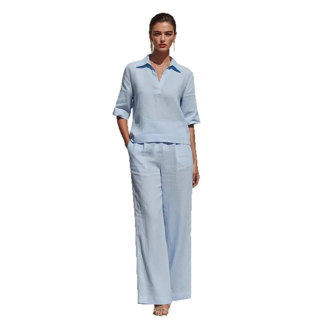Ensemble Femme Blouse Col Polo et Pantalon Large – CLEVI Paris