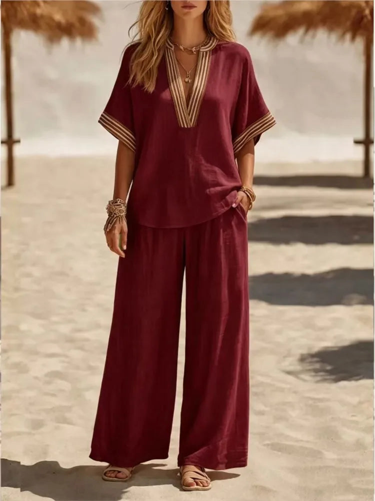 Ensemble femme col V et pantalon ample – CLEVI Paris