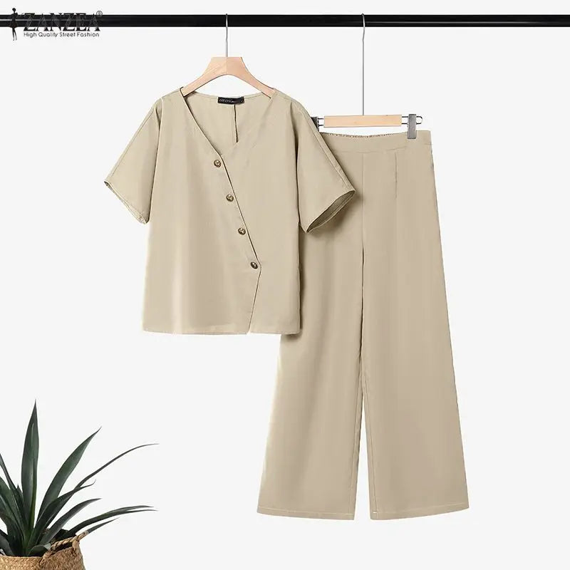 Ensemble 2 Pièces Femme Blouse Col V Manches Mi-Longues Boutonnée + Pantalon Large Taille Mi-Haute Élastique OL Casual 3 Coloris – CLEVI Paris