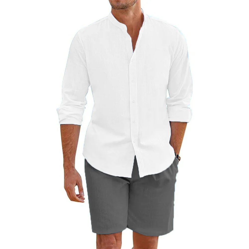 Ensemble 2 Pièces Homme Coton Lin Chemise Col Mao + Short Élastique Style Plage Casual – CLEVI Paris