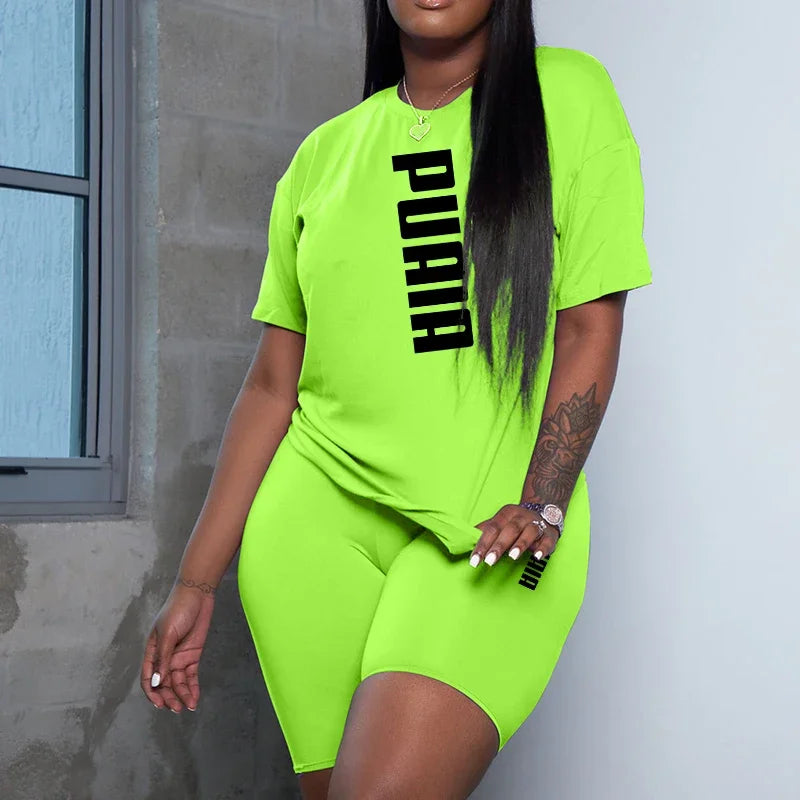 Ensemble 2 Pièces Femme T-Shirt Col Rond Manches Courtes Imprimé + Short Casual Sport 8 Coloris – CLEVI Paris