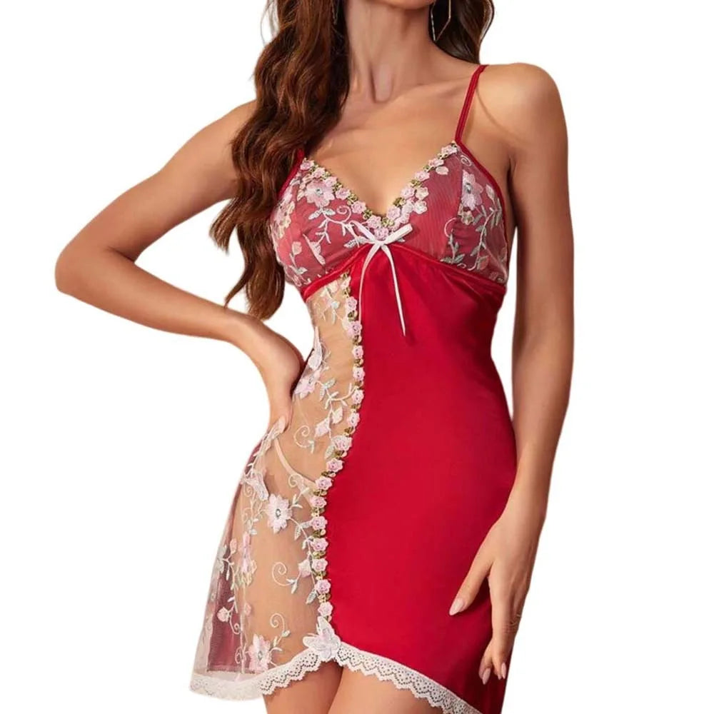 Nuisette Dentelle Nœud Mesh Transparent Soie Glacée Femme Robe de Nuit Brodée Sans Manches S-XL – CLEVI Paris