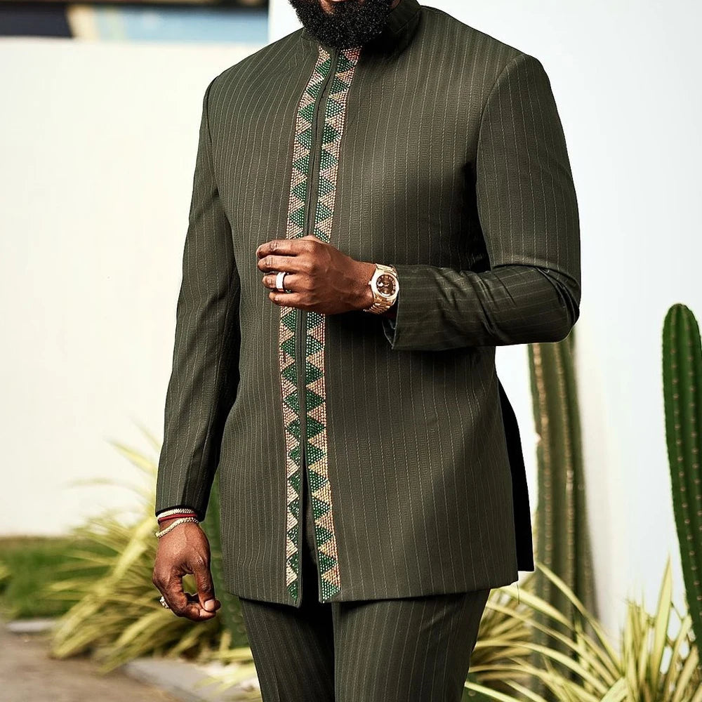 Ensemble Kaftan Homme Col Rond Manches Longues Tenue Africaine Traditionnelle 2 Pièces – CLEVI Paris