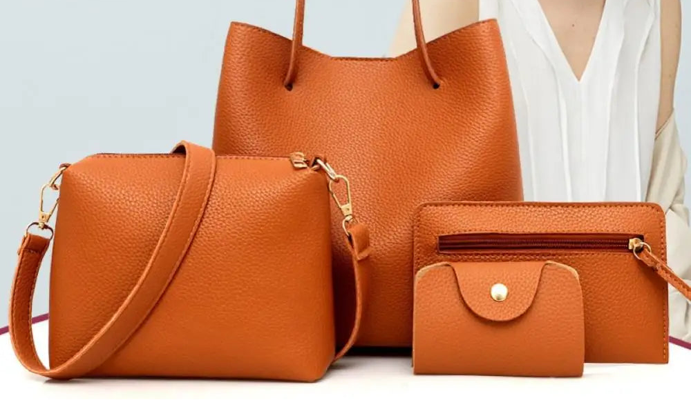 Coffret 4 Pièces Femme PU Texture Litchi Tote + Épaule + Pochette – CLEVI Paris