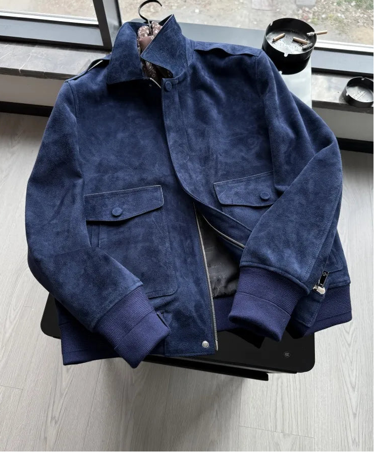 Veste homme en cuir bleu profond à col rabattu – CLEVI Paris