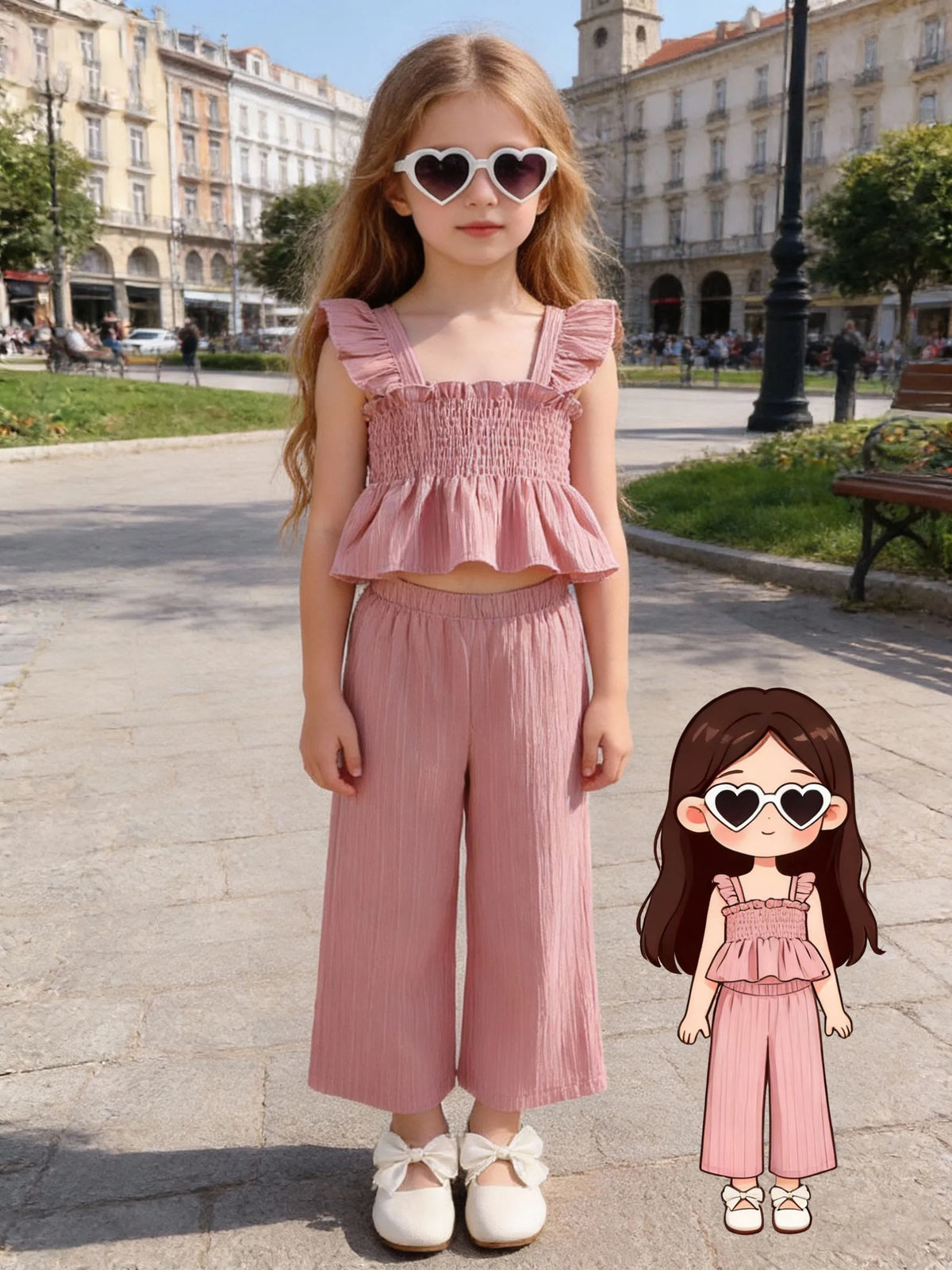 Ensemble fille rose haut froncé et pantalon – CLEVI Paris