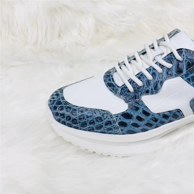 Sneakers Marche Cuir Crocodile & Vachette Homme Blanc Bleu – CLEVI Paris