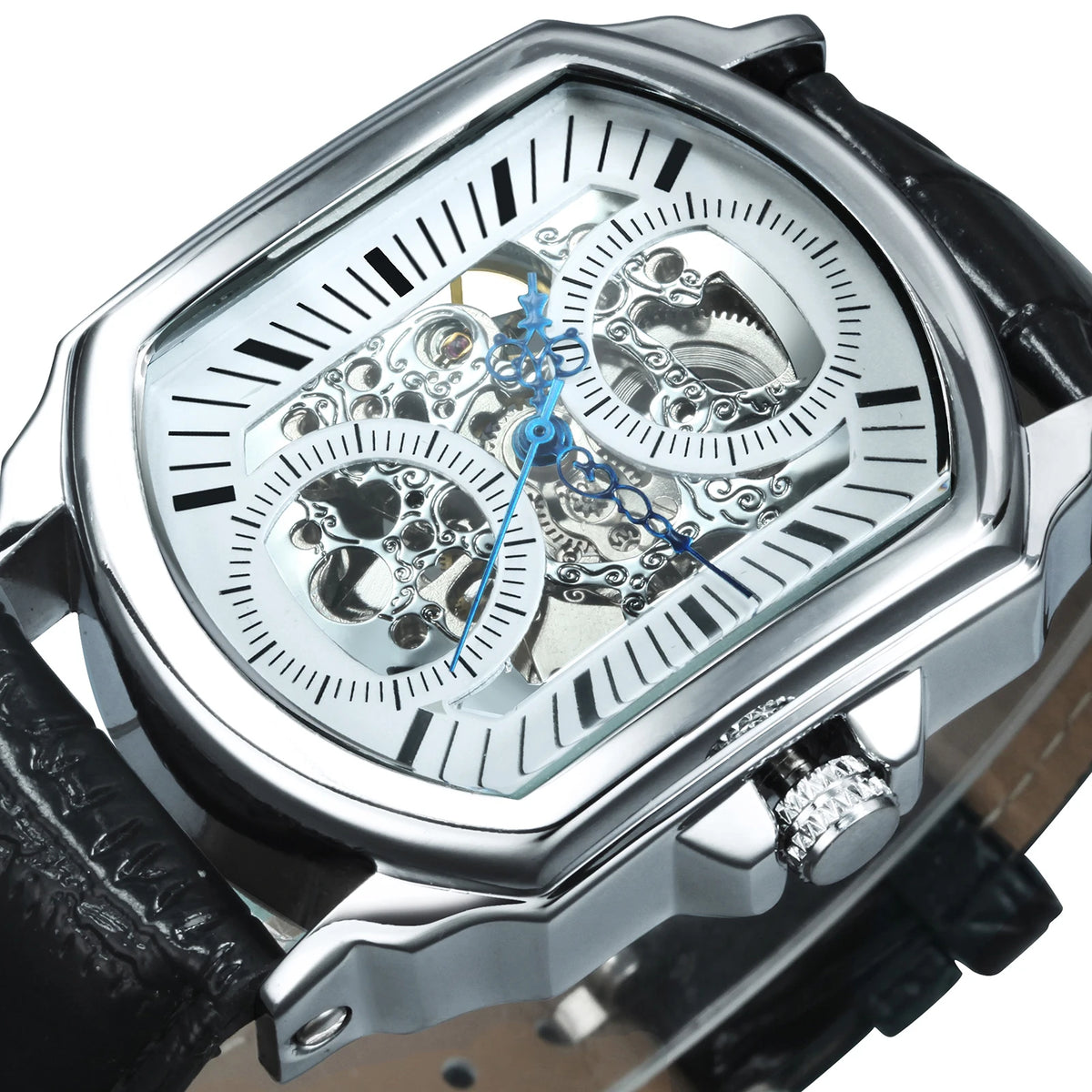 FORSINING Montre Homme Automatique Squelette Rectangle Cuir Aiguilles Bleues – CLEVI Paris