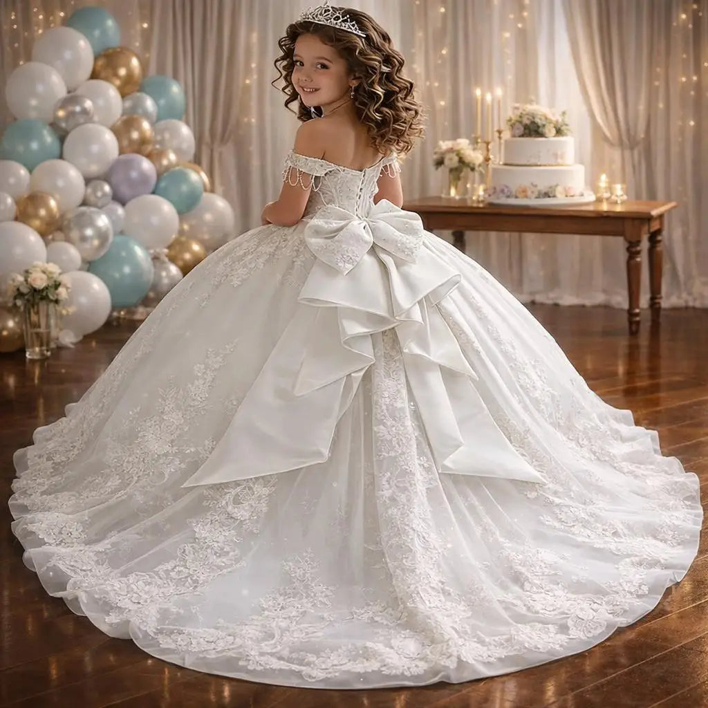 Robe de cérémonie fille en tulle à traîne – CLEVI Paris