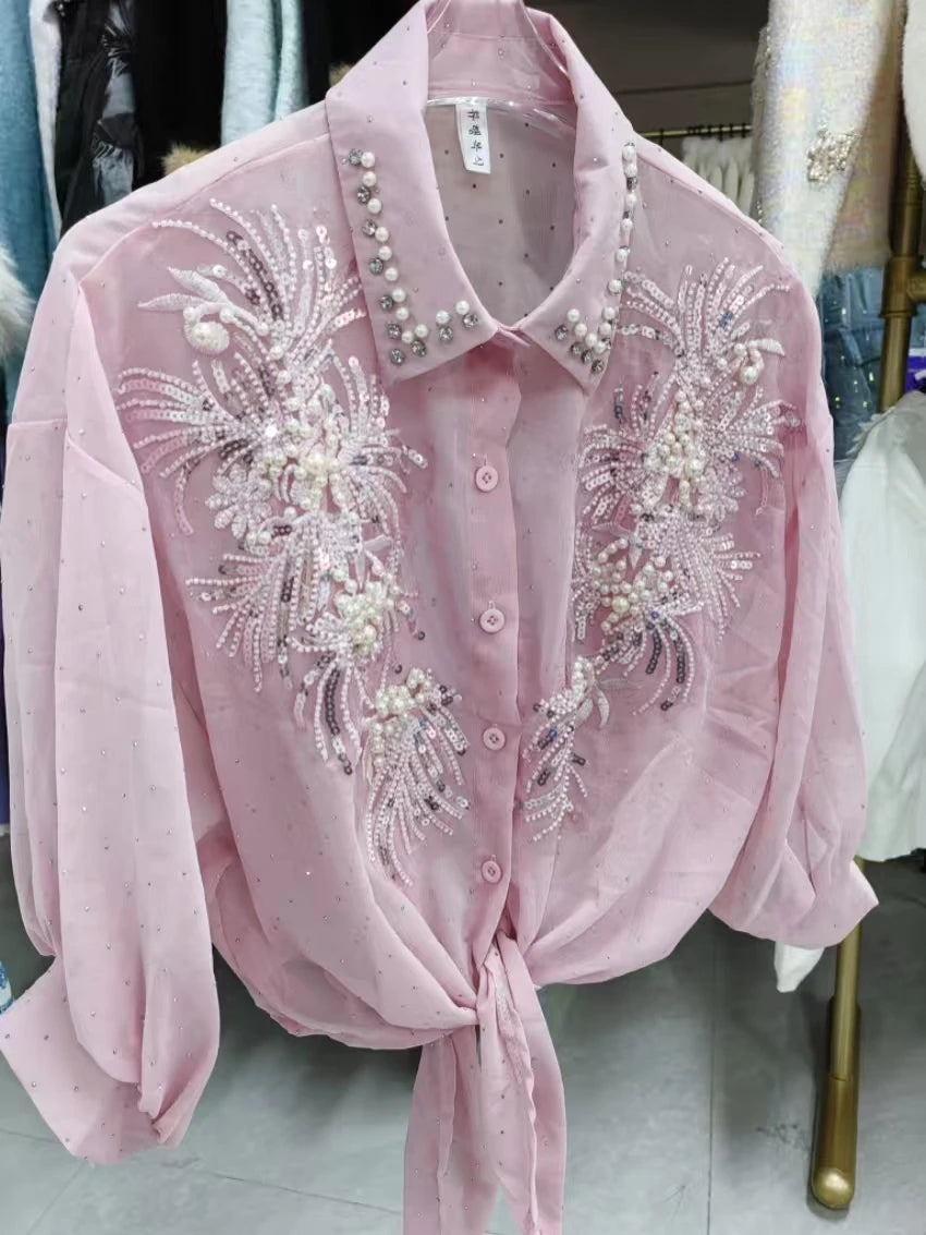 Chemisier Cardigan Femme Mousseline Sequins Perles Manches Bouffantes Style Coréen Casual – CLEVI Paris