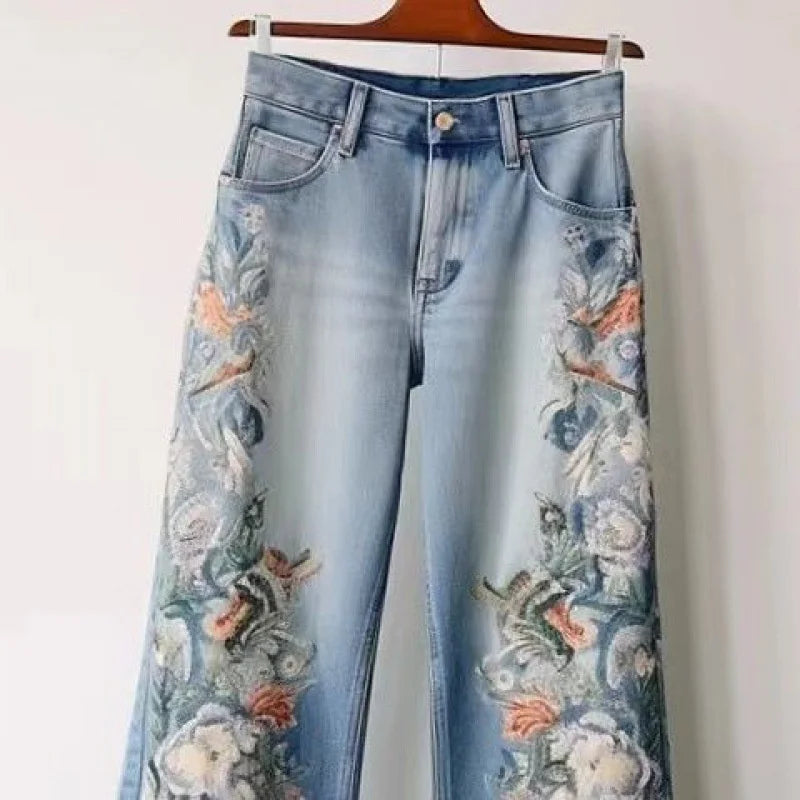 Jean Femme Flare Brodé Taille Mi-Haute Denim Casual Automne Hiver – CLEVI Paris