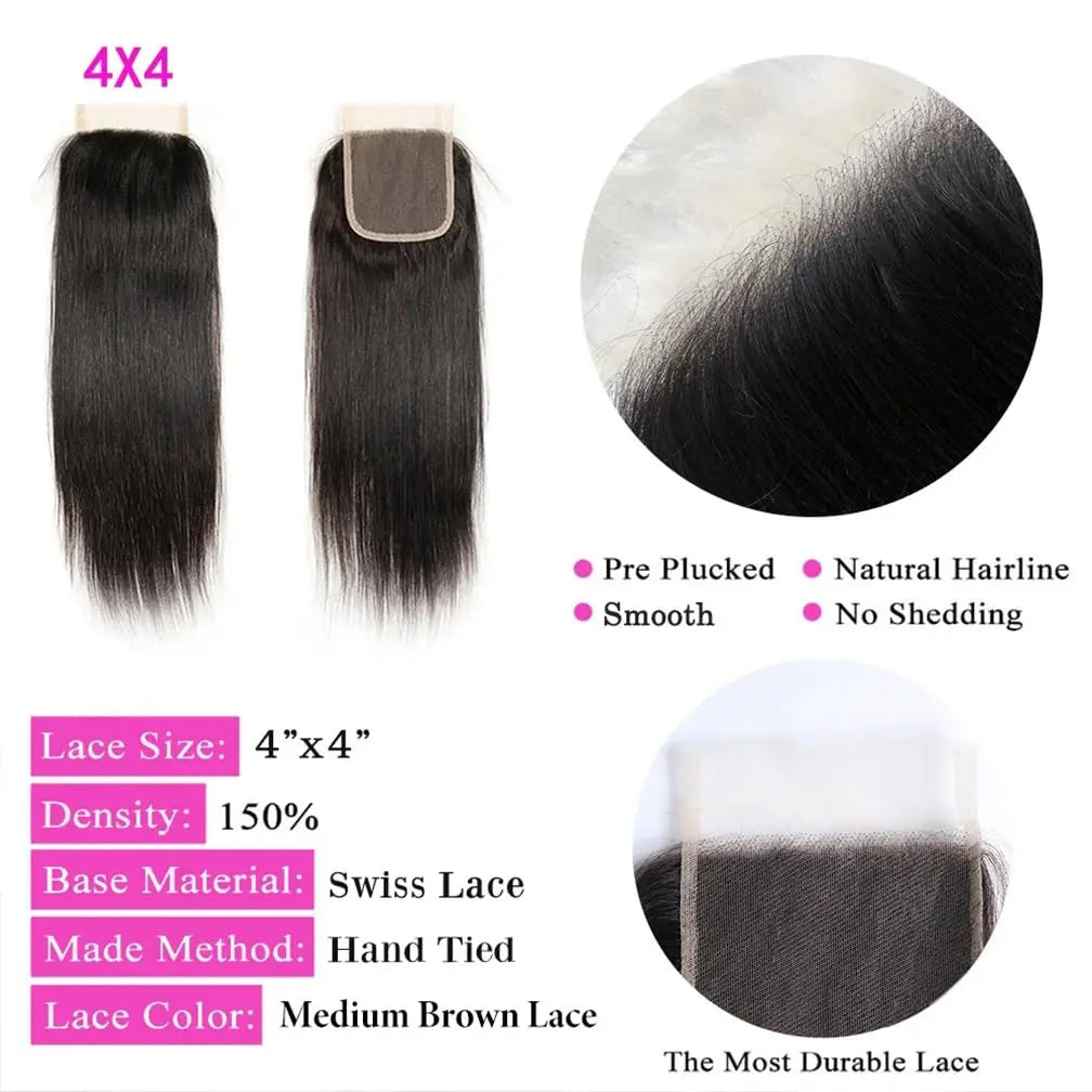 3 Bundles Cheveux Humains Lisses Brésiliens avec Closure HD 4x4 – CLEVI Paris