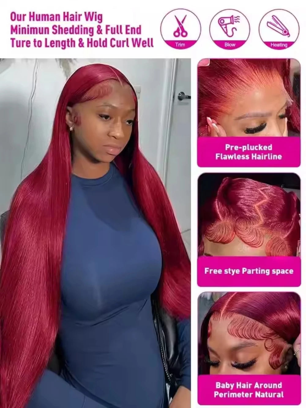 Perruque Lace Front HD 99J Bordeaux Cheveux Remy Lisse – CLEVI Paris