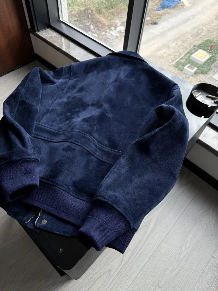 Veste homme en cuir bleu profond à col rabattu – CLEVI Paris
