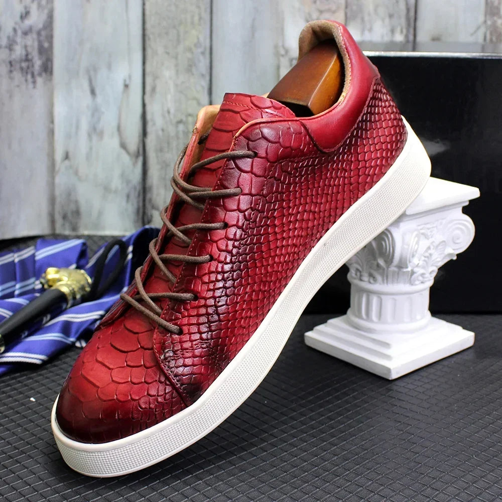 Sneakers Cuir Vachette Homme Motif Serpent Lacets Noir Rouge – CLEVI Paris
