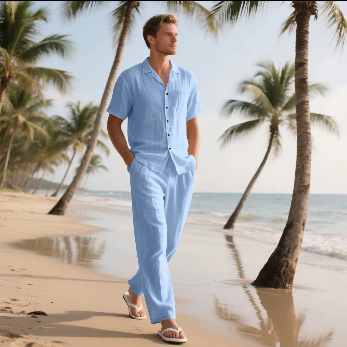 Ensemble Homme Chemise Lin Manches Courtes Col Cranté + Pantalon Long Cordon Casual Plage Vacances – CLEVI Paris