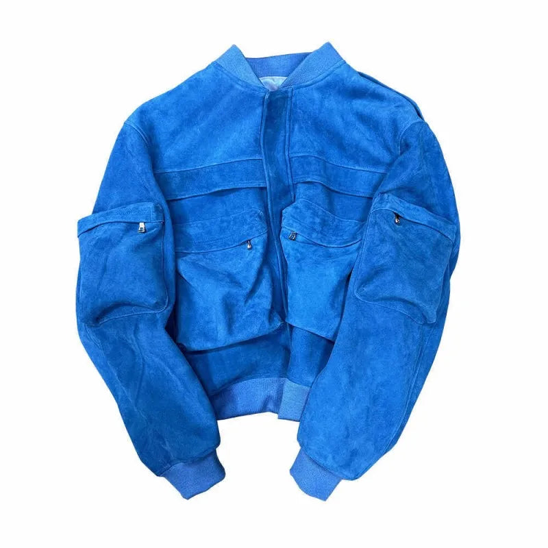 Bomber homme en cuir bleu aspect daim – CLEVI Paris