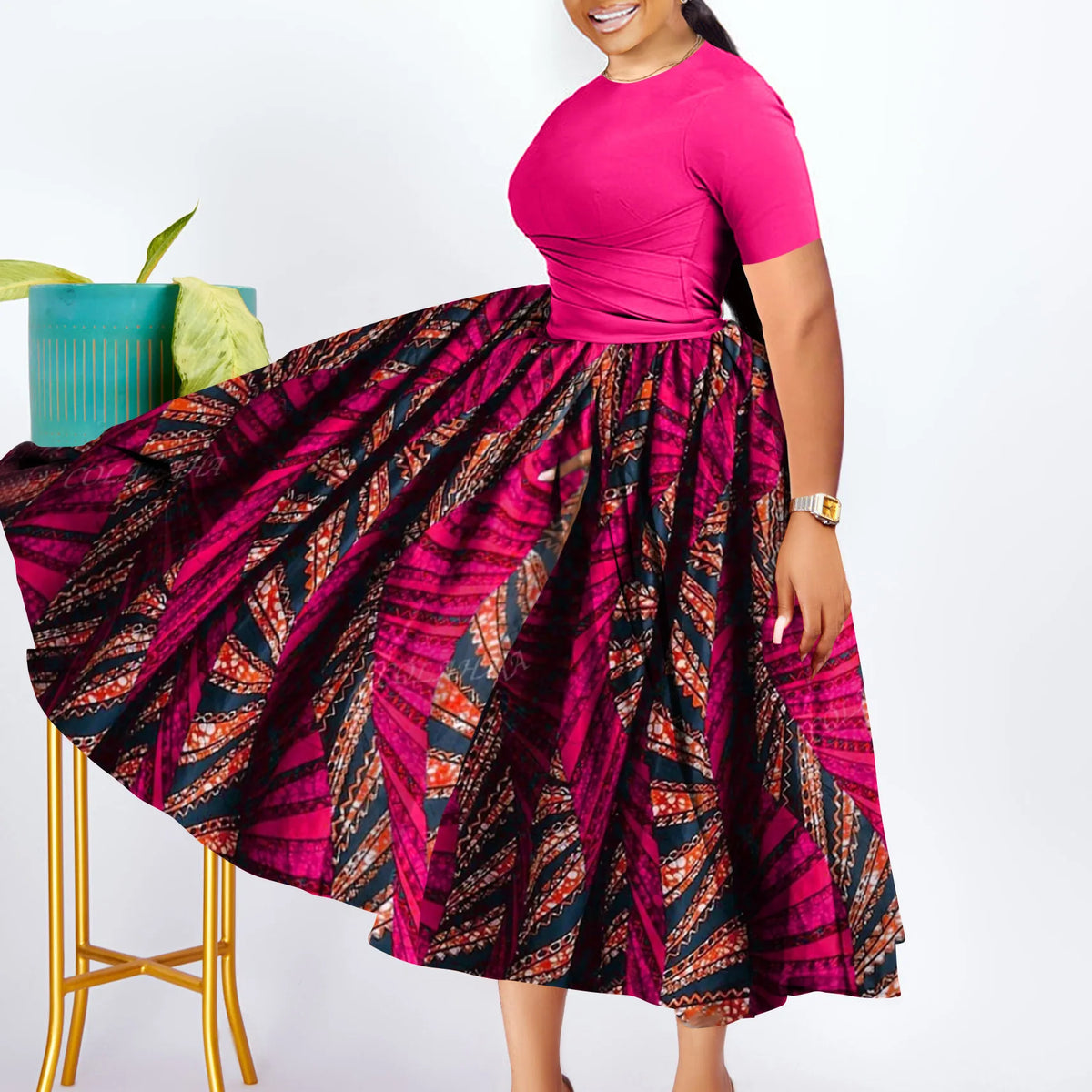 Robe Femme Grande Taille Manches Courtes Couleur Unie A-line Mi-Mollet Bureau – CLEVI Paris