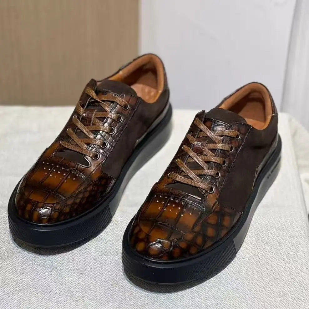 Sneakers Cuir Crocodile Homme Casual Marron Lacets – CLEVI Paris