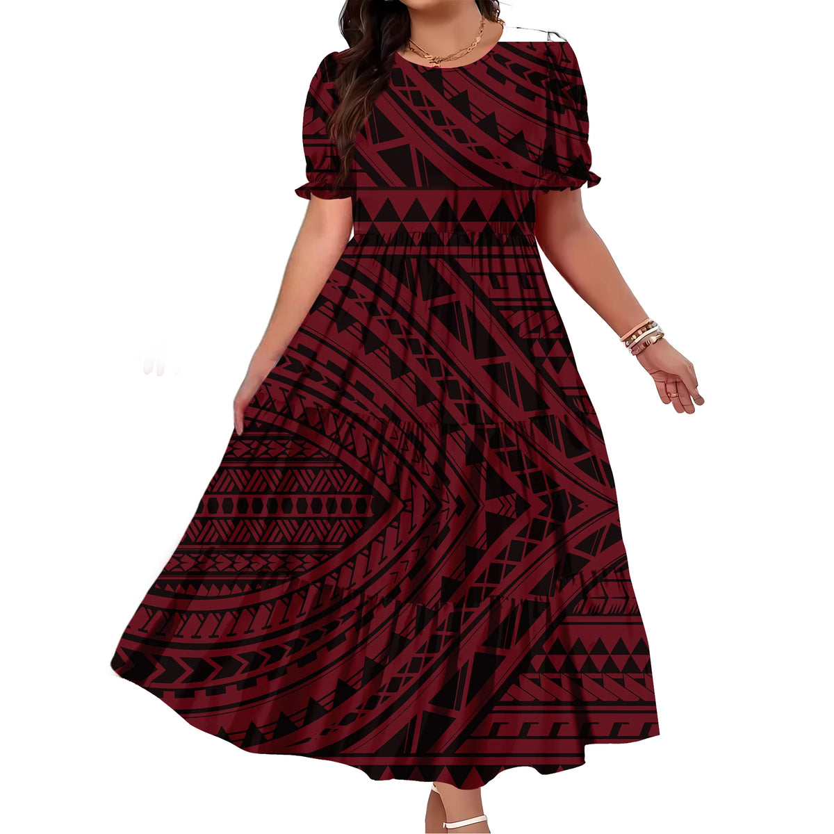 Robe Femme Longue Imprimé Polynésien Manches Bouffantes Ample Élégante – CLEVI Paris