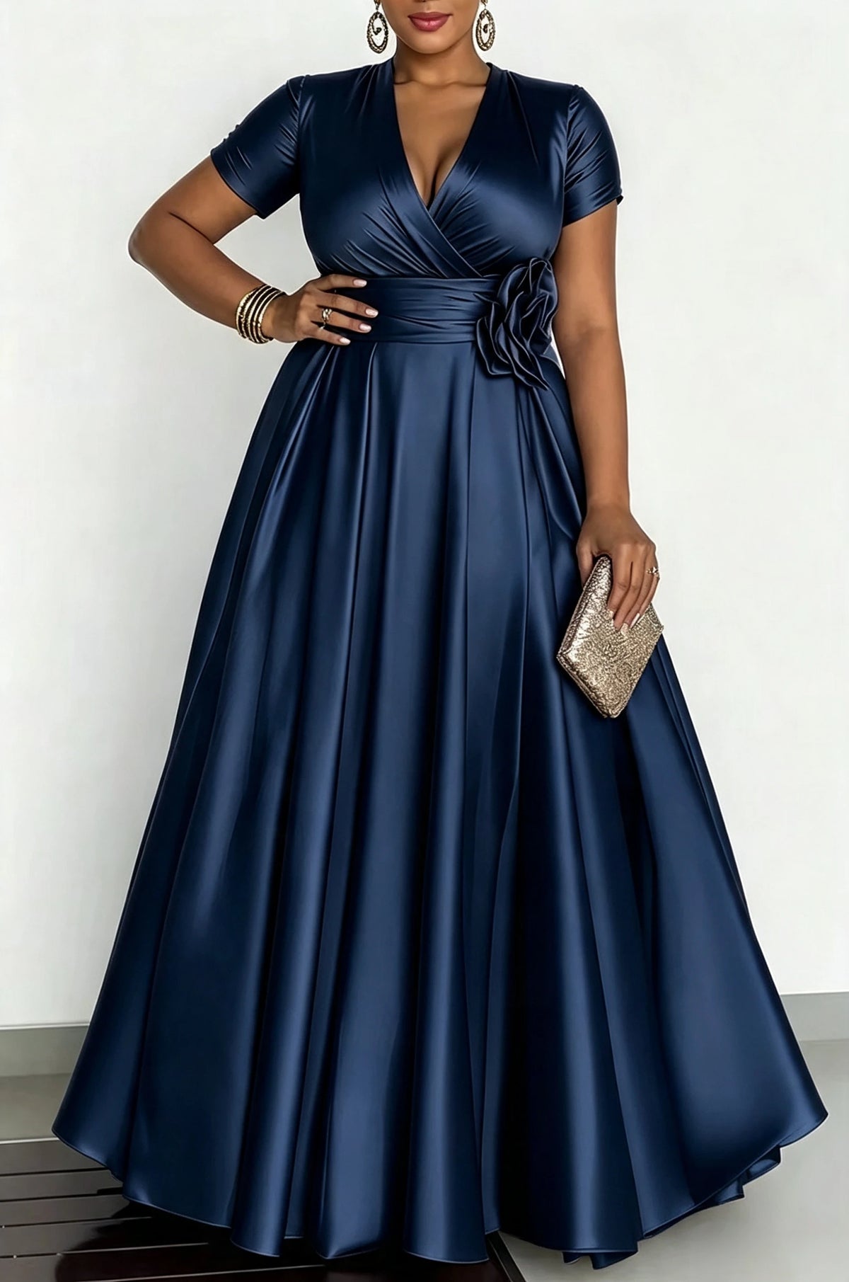 Robe de soirée satinée à fleur 3D – CLEVI Paris