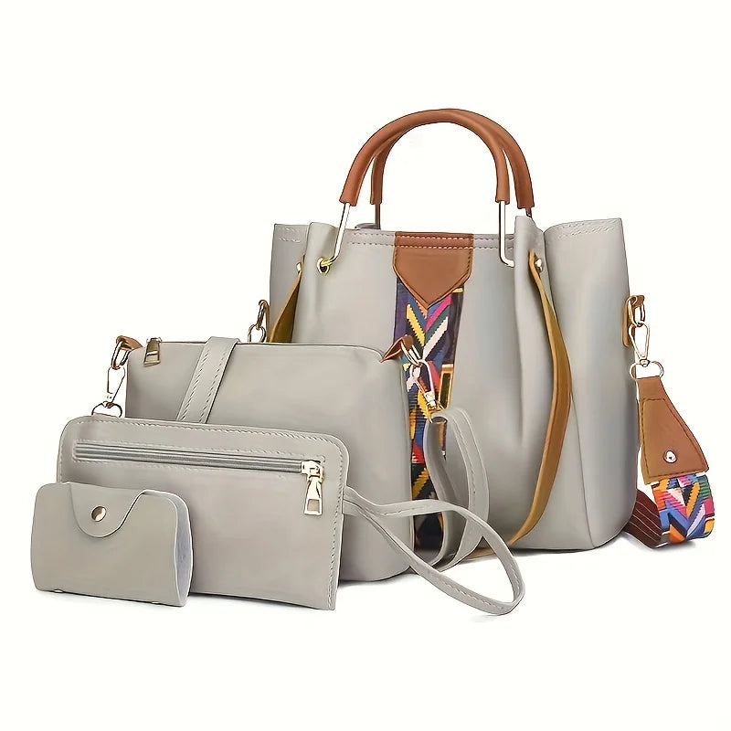 Coffret 4 Sacs Femme PU Rayé Tote + Croisé + Pochette + Porte-Cartes – CLEVI Paris