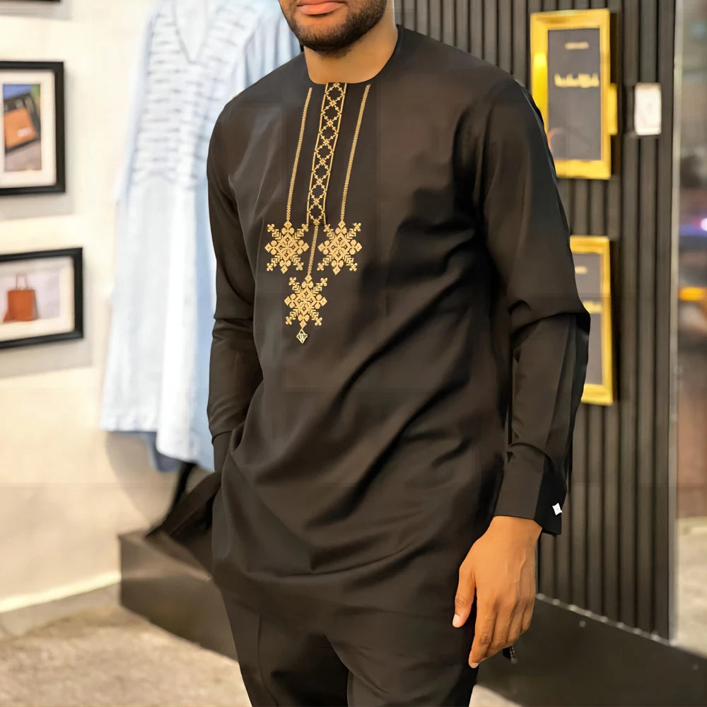 Ensemble Kaftan Homme Col Rond Manches Longues Tenue Africaine Traditionnelle 2 Pièces – CLEVI Paris