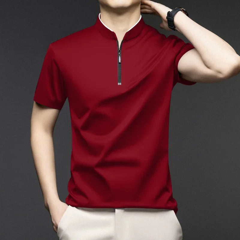 Polo Homme Casual Zip Col Montant Manches Courtes Uni Anti-Froissage S-4XL – CLEVI Paris