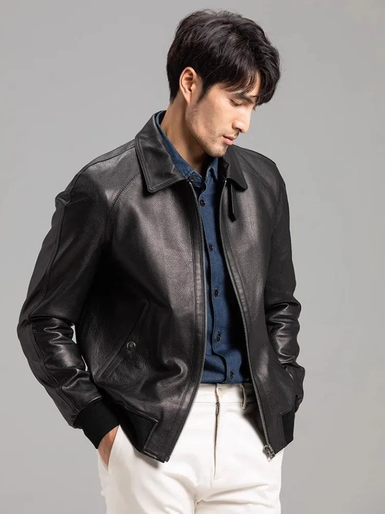 Veste homme courte en cuir de mouton noir – CLEVI Paris