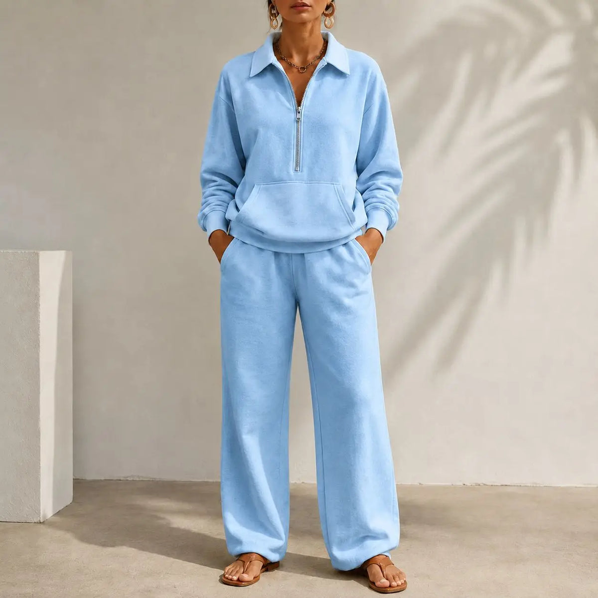 Ensemble femme sweat col zippé et pantalon large – CLEVI Paris