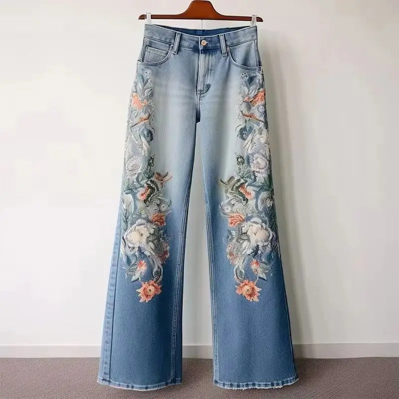 Jean Femme Flare Brodé Taille Mi-Haute Denim Casual Automne Hiver – CLEVI Paris
