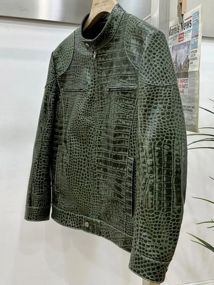 Blouson homme en cuir vert motif crocodile – CLEVI Paris