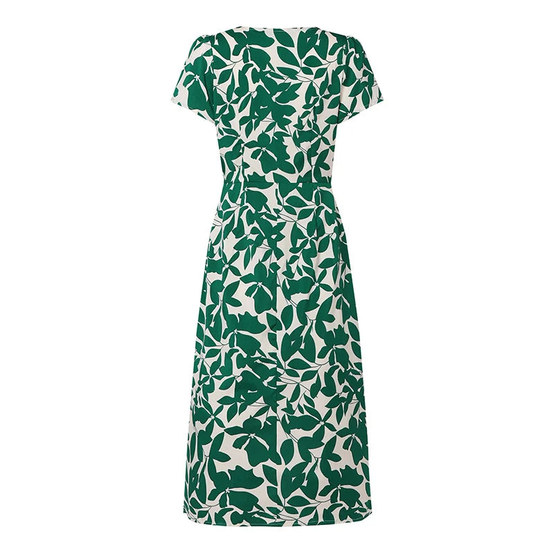 Robe Femme Col V Imprimé Feuilles Vintage Manches Courtes Fente Mi-Mollet – CLEVI Paris