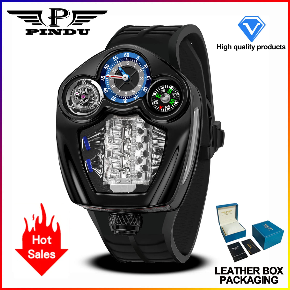 PINDU PD6658 Montre Homme Quartz Suisse Boussole Acier Forme Moteur 50M – CLEVI Paris