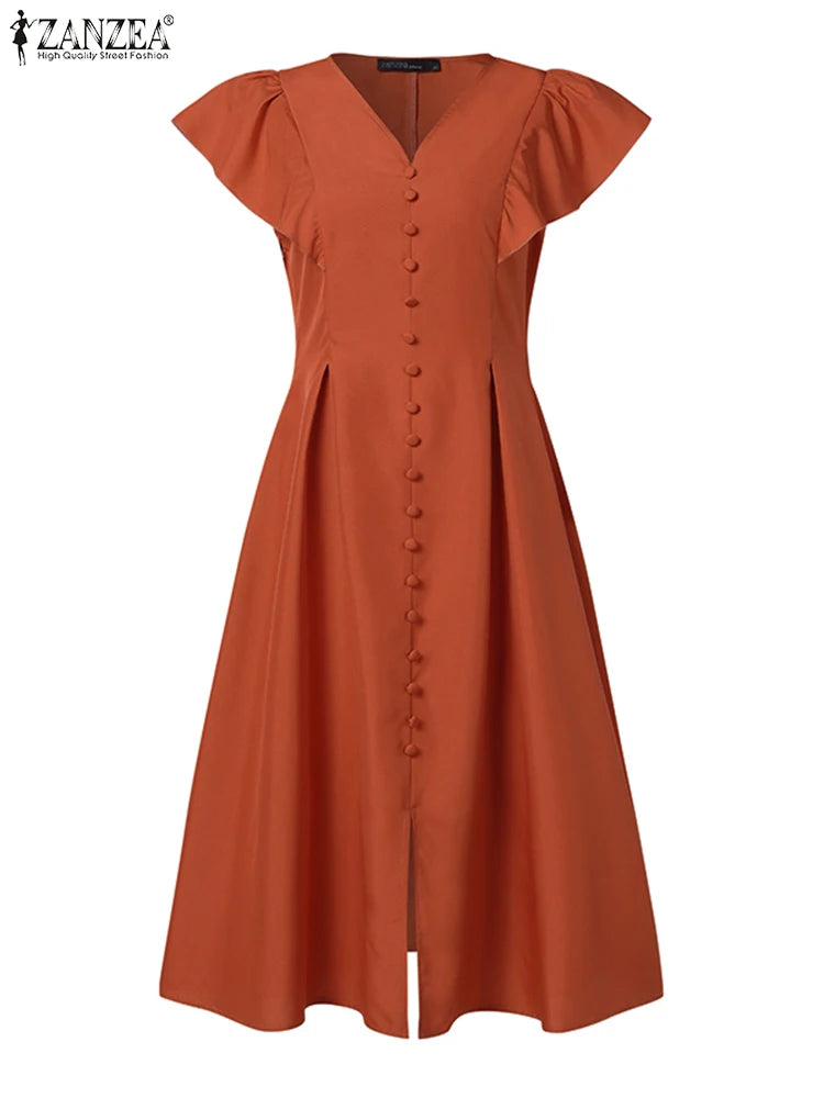 Robe Femme Col V Manches Papillon Couleur Unie Élégante Mi-Mollet – CLEVI Paris